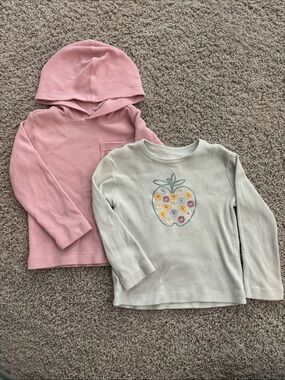 Kids Ribbed Long-Sleeve Pink Hooded Top & Cream Floral Apple Tee - Set